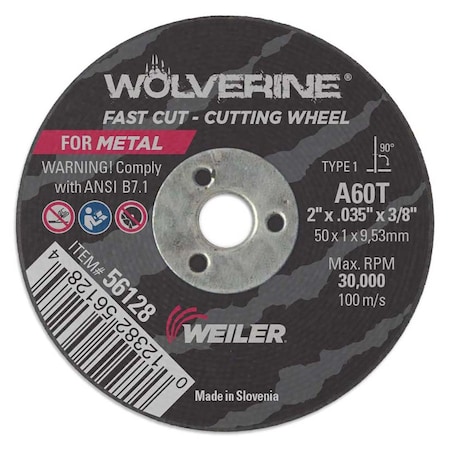 Weiler Type 1, 2 in Dia, 0.035 in Thick, Aluminum Oxide, 60 Grit 56128